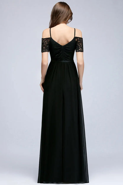 A-line Lace V-Neck Off-the-shoulder Sleeveless Floor-Length Bridesmaid Dresses