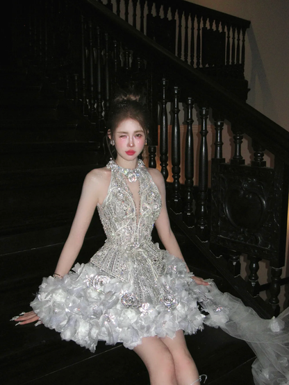 Gorgeous Glittering Silvery Beaded Sequined A-Line Halter Dress Design Party Dress Homecoming Dress HZ1024
