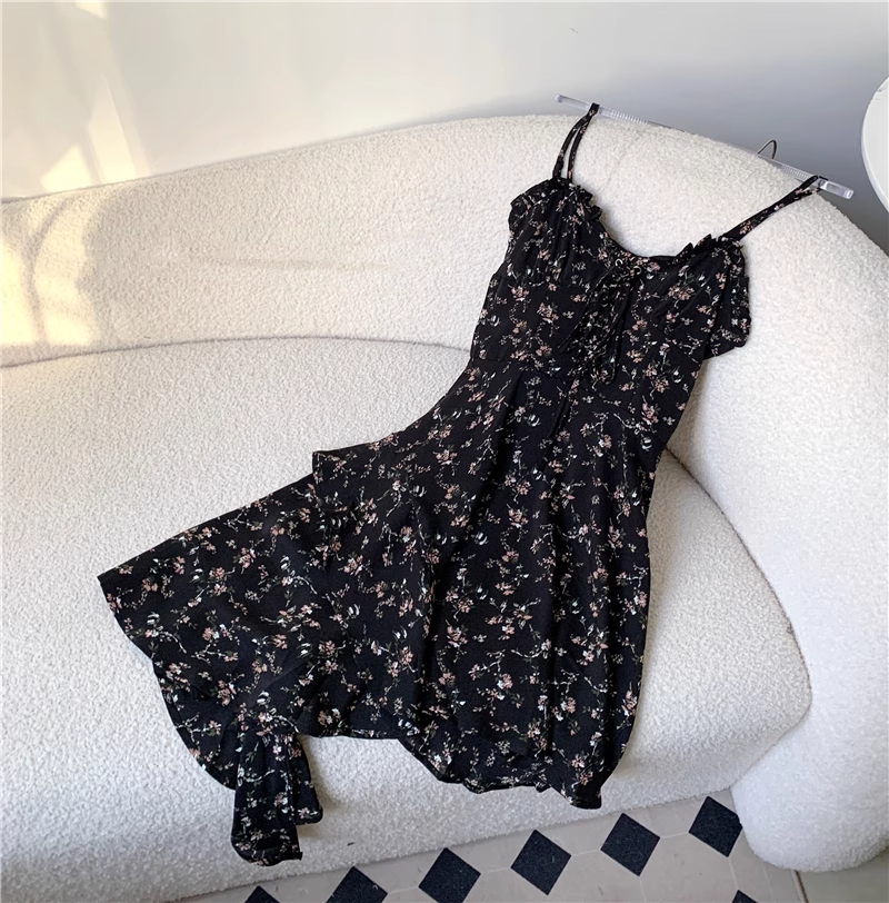New Fashion Floral Design A-line Black High-waist Sleeveless Spaghetti Strap Dress HZ1024