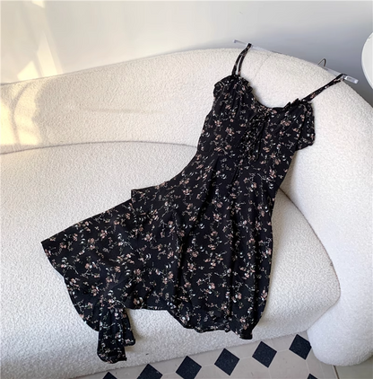 New Fashion Floral Design A-line Black High-waist Sleeveless Spaghetti Strap Dress HZ1024