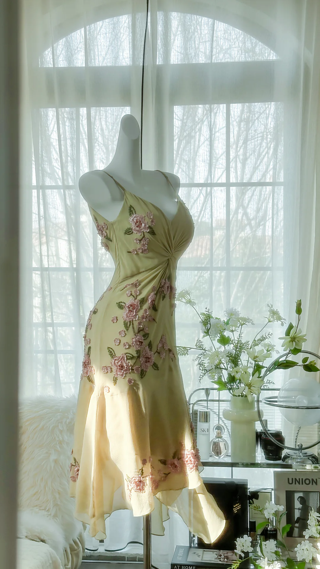 Vintage Light Green Spaghetti Strap Floral Design A-line Romantic Chiffon Evening Dress Prom Dress HZ1024