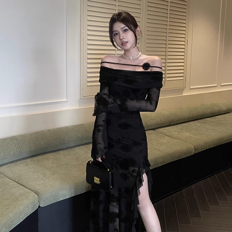 Elegant Black Party Slim-fit Split Dress One-shoulder Long-sleeved Dress HZ1024