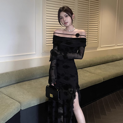 Elegant Black Party Slim-fit Split Dress One-shoulder Long-sleeved Dress HZ1024