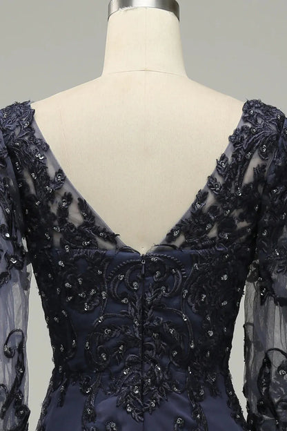 Long sleeved blue decal bride mother dress