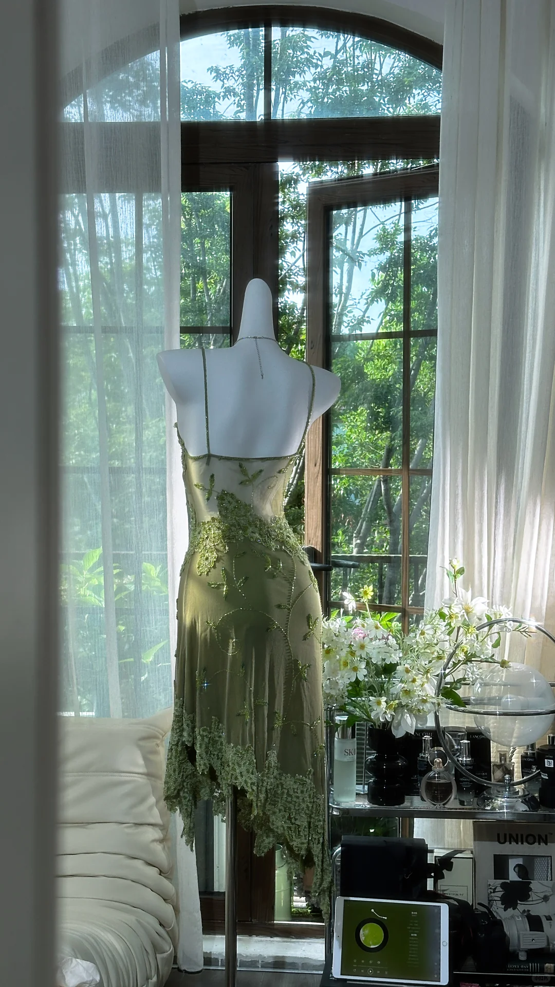 Retro Green Sequin Spaghetti Strap Romantic Sparkling Chiffon Evening Dress Prom Dresses HZ1024