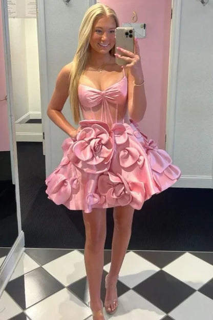 Charming Pink 3D Floral Design A-line Spaghetti Strap Homecoming Dress HZ1024