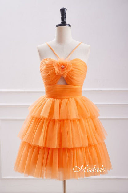 Halter Orange Layers  A-line Homecoming Dress