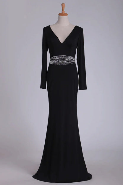 Sleeves V Neck Sexy Open Back Long Beading Mother Of The Bride Dresses