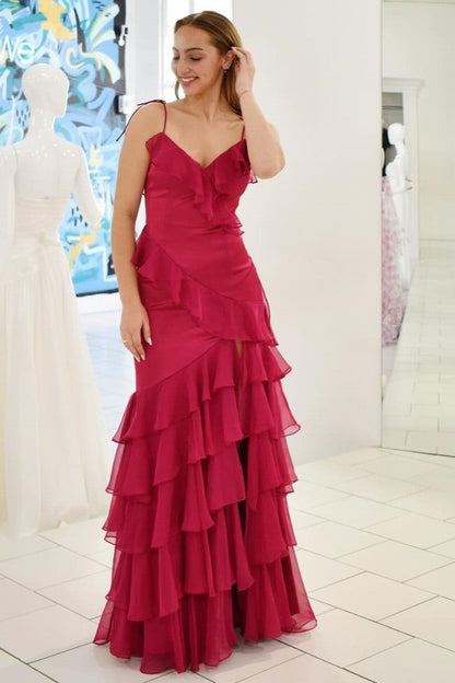 Emerald Green V-Neck Ruffle Long Prom Dress with Slit