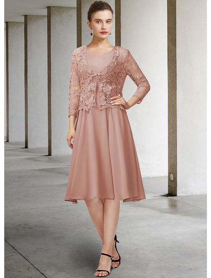 Two Piece A-Line Mother of the Bride Dress Elegant Jewel Neck Knee Length Chiffon Lace 3/4 Length Sleeve with Bow(s)