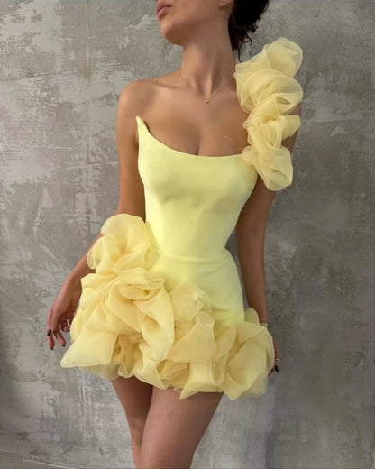 Girlhomeshops-Yellow one-shoulder fashion sweet bud skirt short chiffon homecoming dress birthday dress gh5269