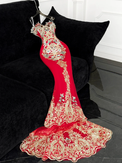Retro Sparkling Beaded Sequin Mermaid Design Exquisite Embroidery Wedding Outfit Evening Dress Prom Dresses HZ1024