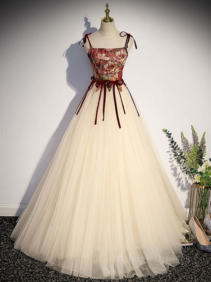 Vintage Spaghetti Straps Tulle A Line Evening Dress Elegant Party Gown cc1708