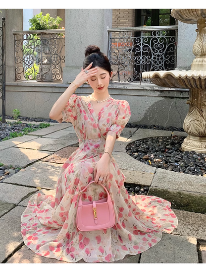 New Fashion Pink Floral Design Short Sleeves V-neck A-Line Women Long Dress HZ1024