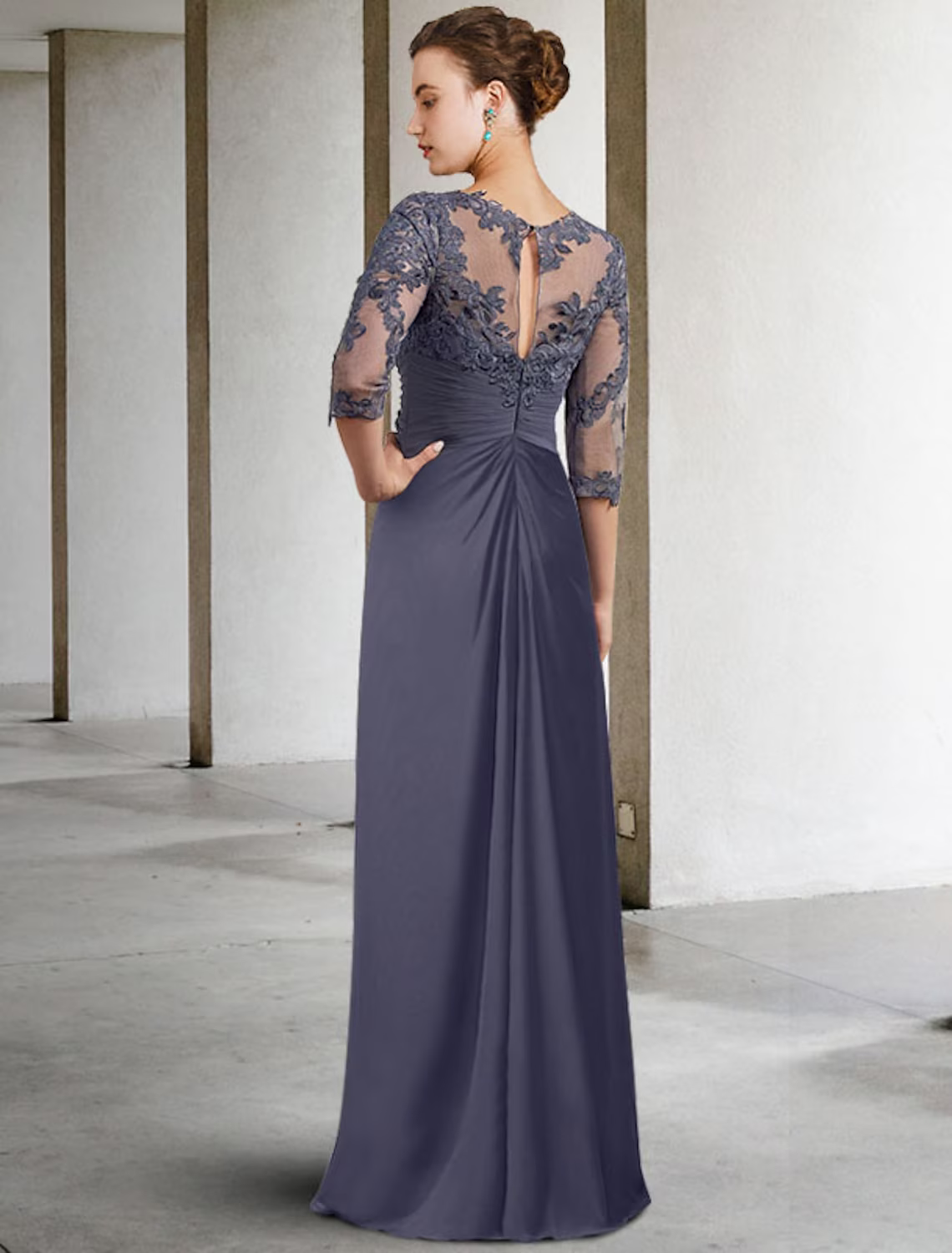 Mother of the Bride Dress Elegant  Floor Length Chiffon Lace Sleeve with Ruched Appliques