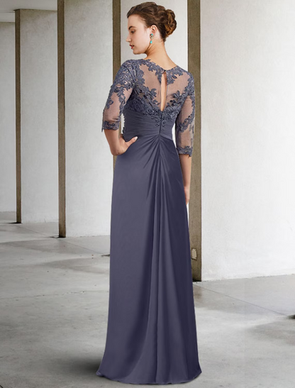 Mother of the Bride Dress Elegant  Floor Length Chiffon Lace Sleeve with Ruched Appliques