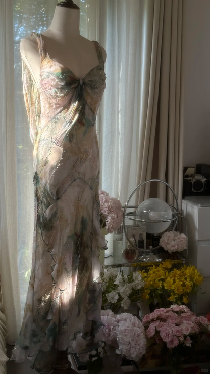 Vintage Sparkling Spaghetti Strap Backless Sweetheart Design Romantic Chiffon Evening Dress Prom Dress HZ1024