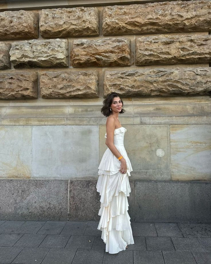 Strapless Satin Layered Evening Dresses Wed Dress Formal Gown