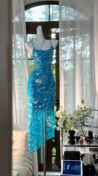 Vintage Blue Mermaid Sparkling Long Chiffon Spaghetti Strap Romantic Ball Gown Evening Dress Prom Dresses HZ1024