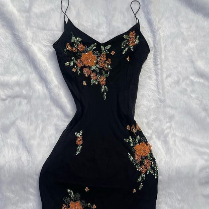 Black shiny elegant spaghetti straps orange floral beading slim fit long mermaid chiffon ball gown evening dress gh3361