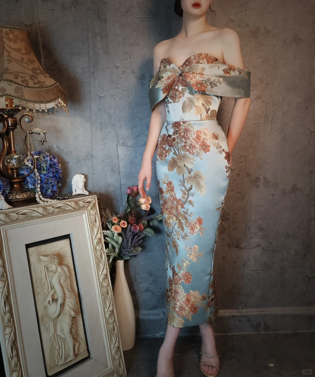 Vintage Floral Off-the-shoulder Sweetheart Design Elegant Satin Evening Dress Prom Dress HZ1024