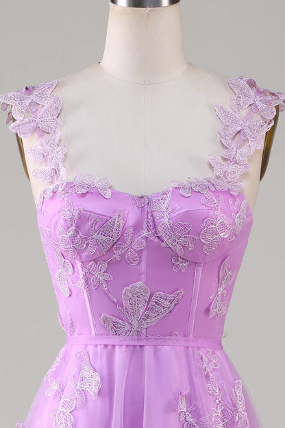 A Line Square Neck Corset Prom Dress with 3D Butterflies Floor Length Charming Evening Party Dress