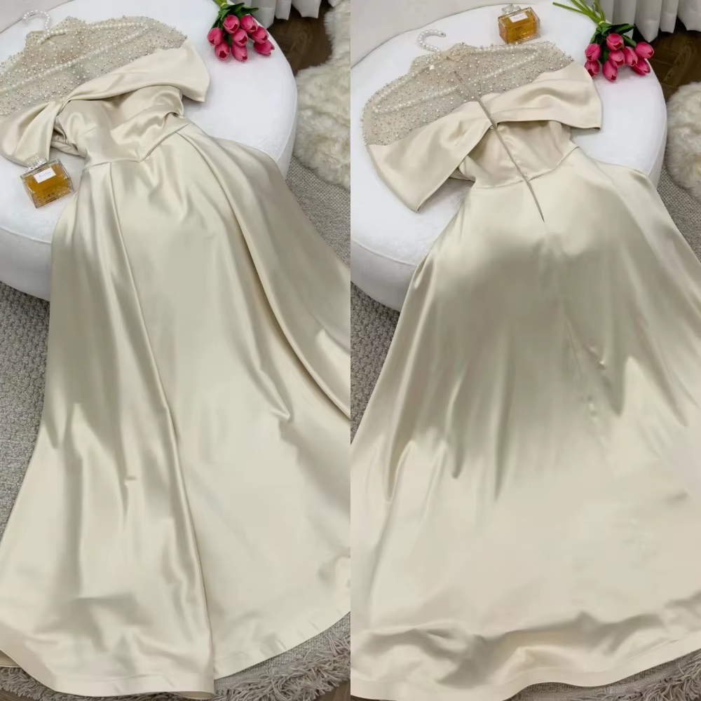Elegant A-Line Evening Gown Elegant Dress Formal Floor Length Short Sleeve Illusion Neck Satin with Ruched Beading Prom Dress HZ1024
