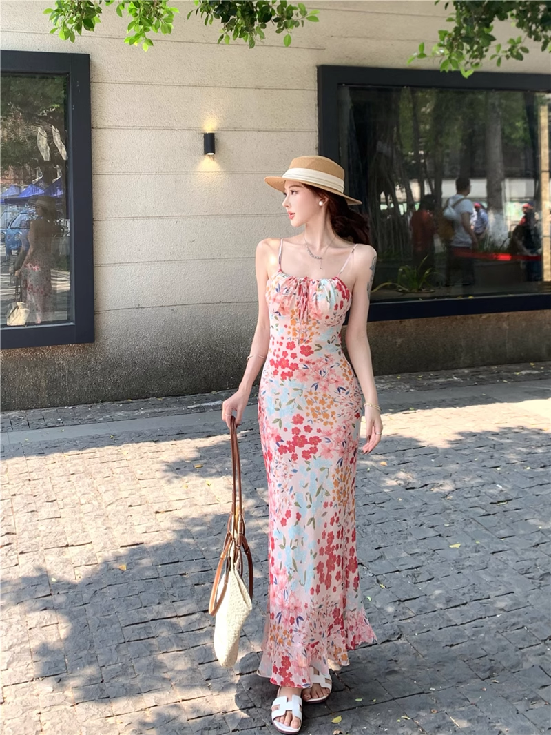 Vintage Fashion Floral Design Elegant Mermaid A-line Spaghetti Strap Dress HZ1024