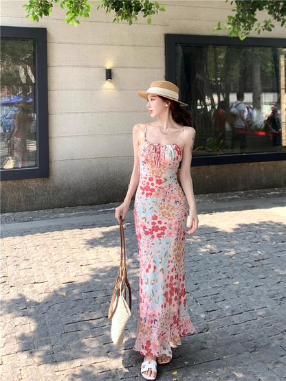 Vintage Fashion Floral Design Elegant Mermaid A-line Spaghetti Strap Dress HZ1024