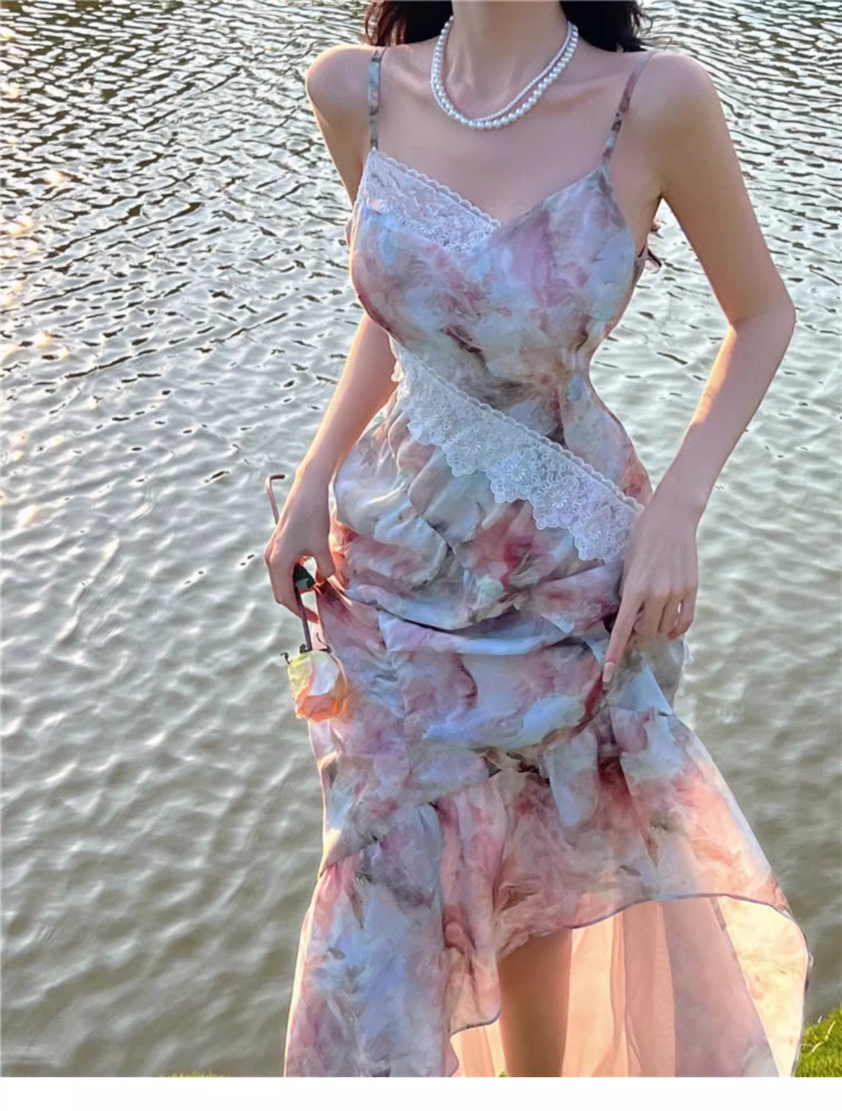 New Fashion Elegant Floral Design Mermaid Spaghetti Strap Dress HZ1024