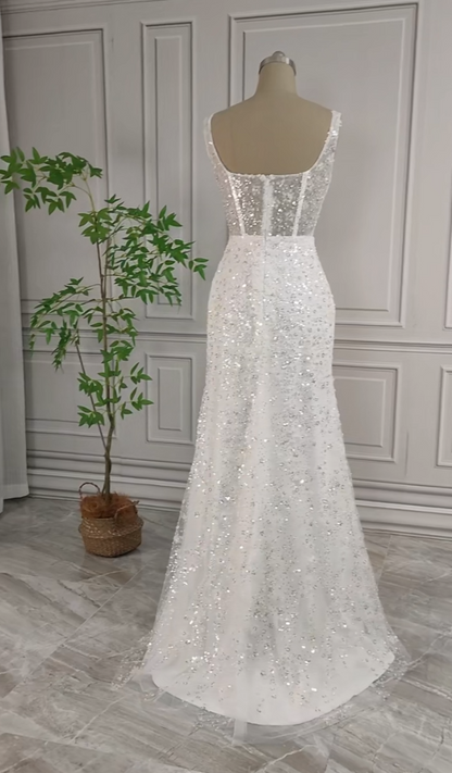 Gorgeous White Glittering Sequin Beaded Sweetheart A-Line Long Prom Dress Party Dress Evening Dress HZ1024