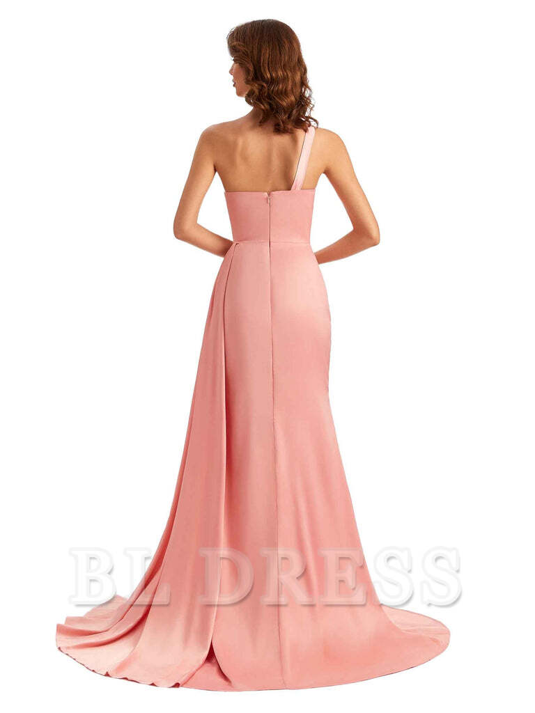 Mermaid One Shoulder Satin formal dresses evening gown Bridesmaid Dresses With Side Slit