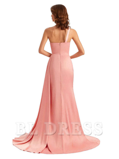 Mermaid One Shoulder Satin formal dresses evening gown Bridesmaid Dresses With Side Slit