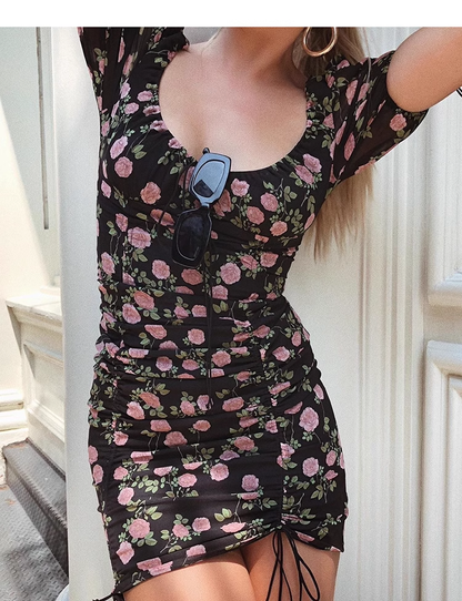 Vintage Floral Sheath Design A-line Short-sleeved Women Party Dress HZ1024