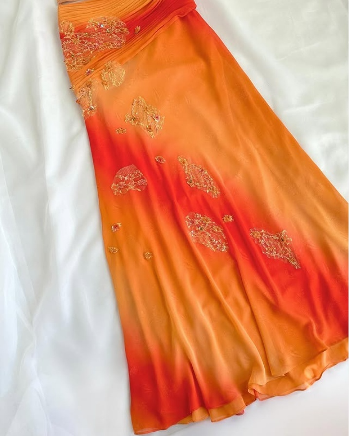 Orange Ombre Straps Two Pieces Sheath Chiffon Long Party Dresses, HZ0319