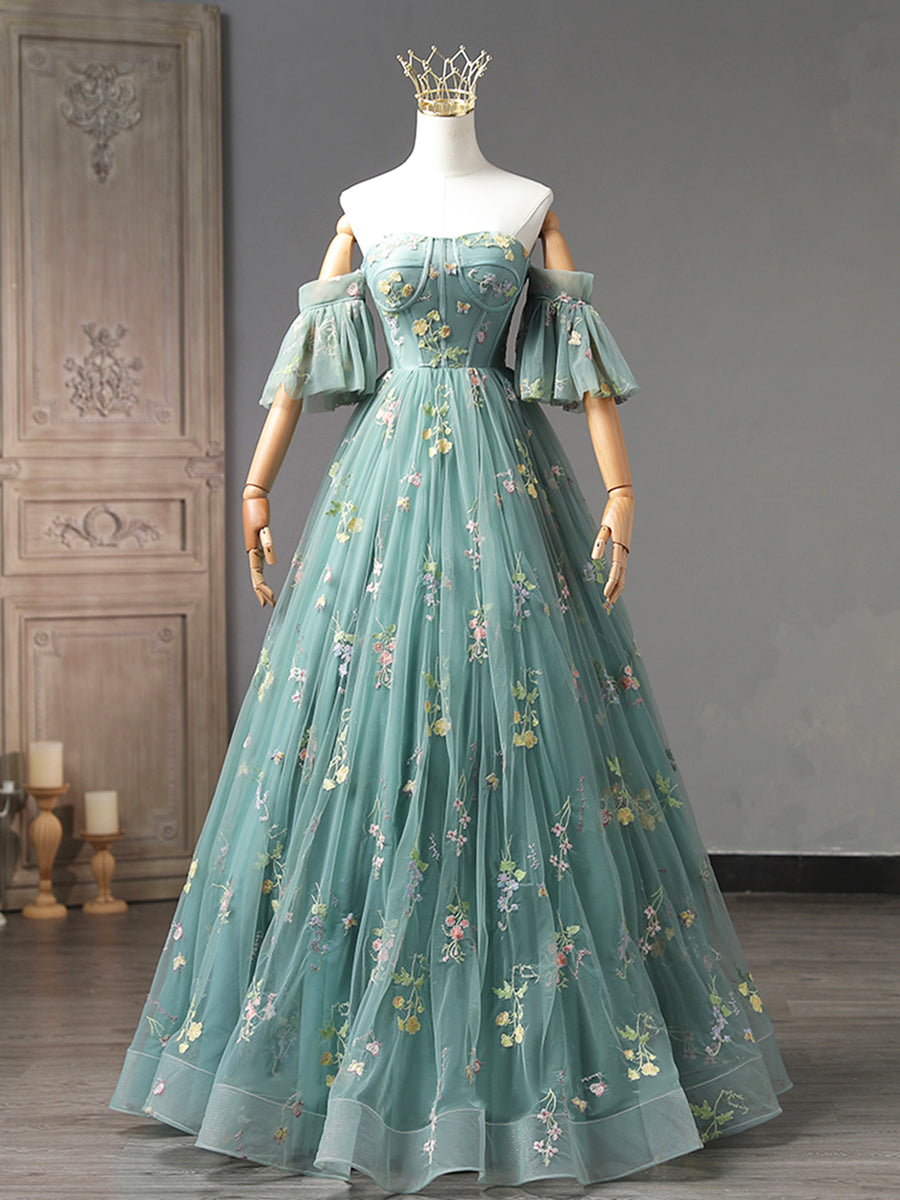 Green Floral Tulle Long Prom Dress Cute Off Shoulder Evening Party Dress Beautiful