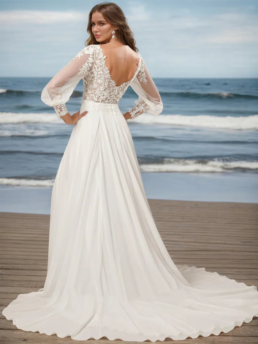 A-Line/Princess V-Neck Long Sleeves Rhinestone Wedding Dresses