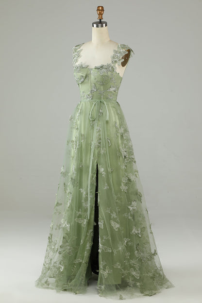 A Line Square Neck Corset Prom Dress with 3D Butterflies Floor Length Charming Evening Party Dress