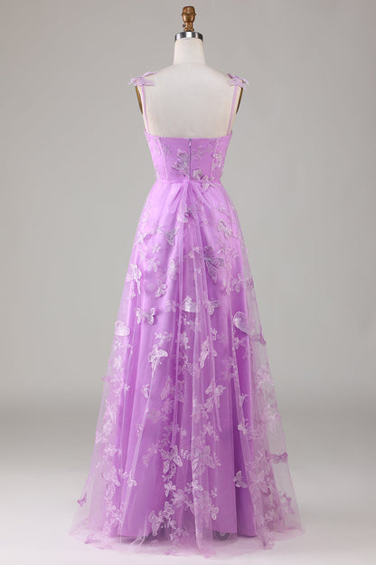 A Line Square Neck Corset Prom Dress with 3D Butterflies Floor Length Charming Evening Party Dress