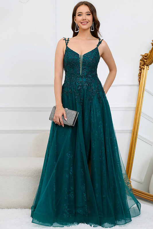 Dark Green A Line Spaghetti Straps Long Prom Dress with Appliques Floor Length With Slit