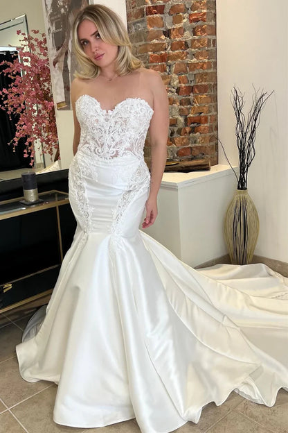 Satin Lace Strapless Trumpet Long Wedding Dress
