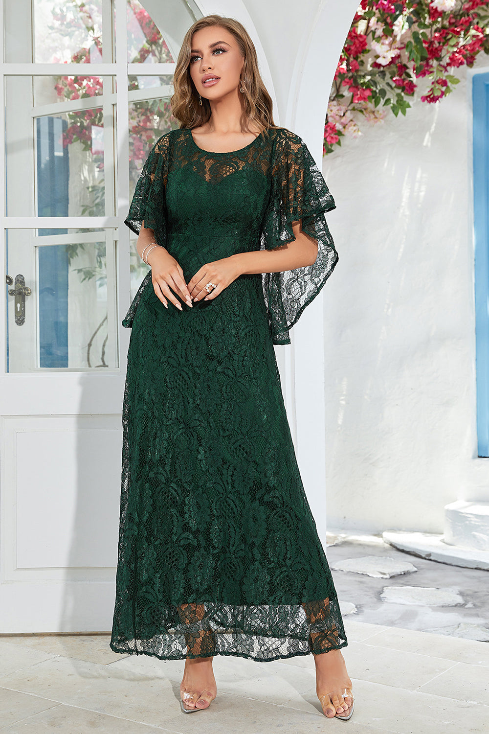 Elegant A Line Round Neck Floor Length Lace Dusty Rose Evening Dress Mother of the Bride Dresses