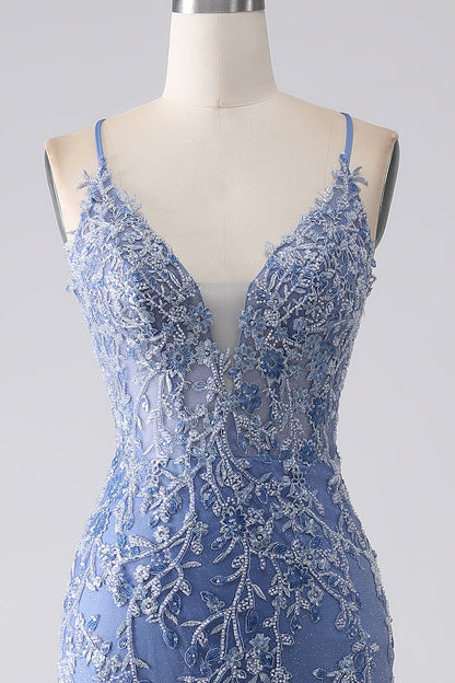 Grey Blue Mermaid Spaghetti Strap Beaded Backless Long Prom Dress With Appliques V-neck