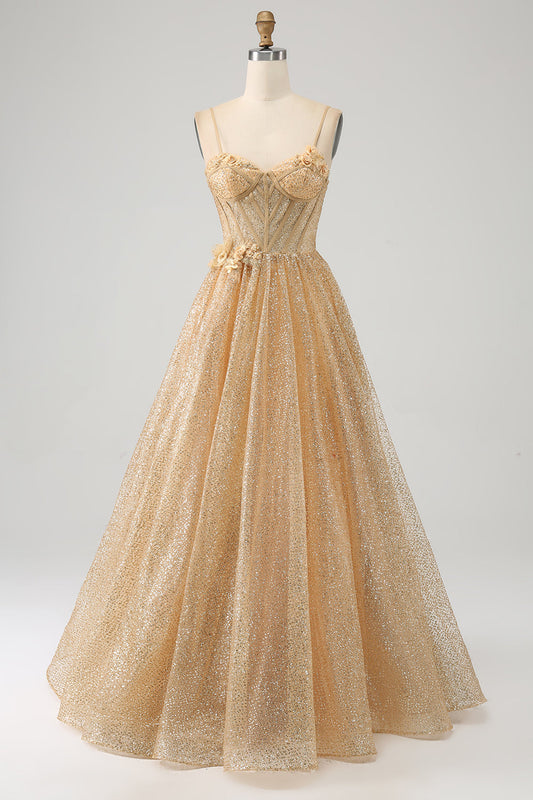 Glitter Golden A-Line Spaghetti Straps Corset Long Prom Dress with Flowers Sparkly