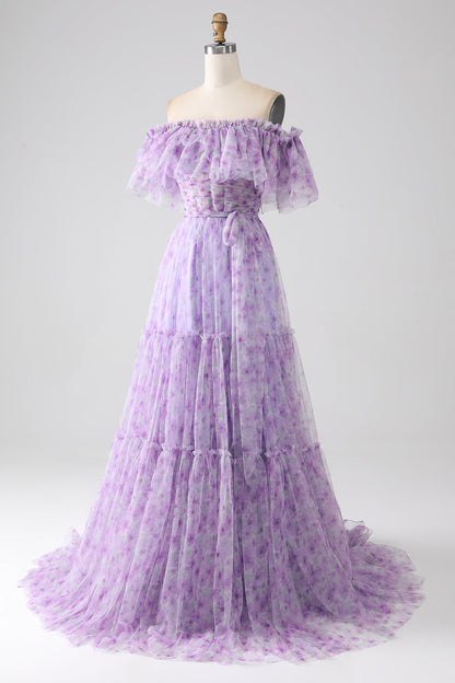 A-Line Off the Shoulder Floral Long Prom Dress With Ruffles Beautiful