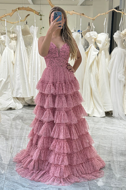 A-Line Spaghetti Straps Layered Tulle Prom Dress with Floral Printed Sexy