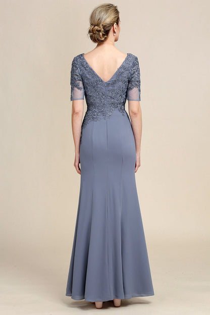 Grey Blue Mermaid Floor Length Chiffon Mother of Bride Dress With Appliques Beautiful
