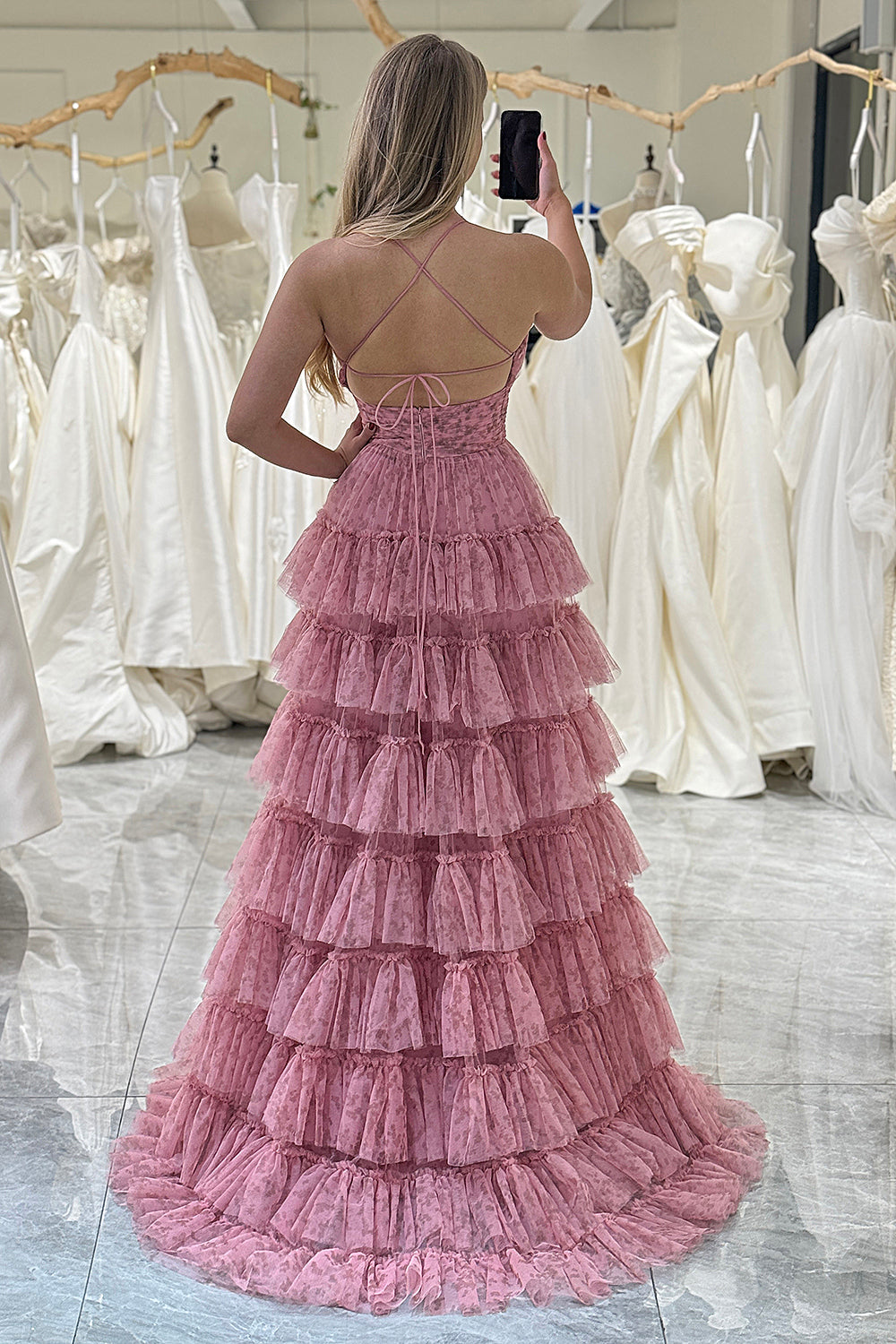 A-Line Spaghetti Straps Layered Tulle Prom Dress with Floral Printed Sexy