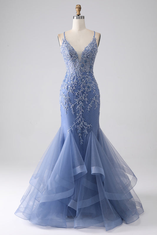Grey Blue Mermaid Spaghetti Strap Beaded Backless Long Prom Dress With Appliques V-neck