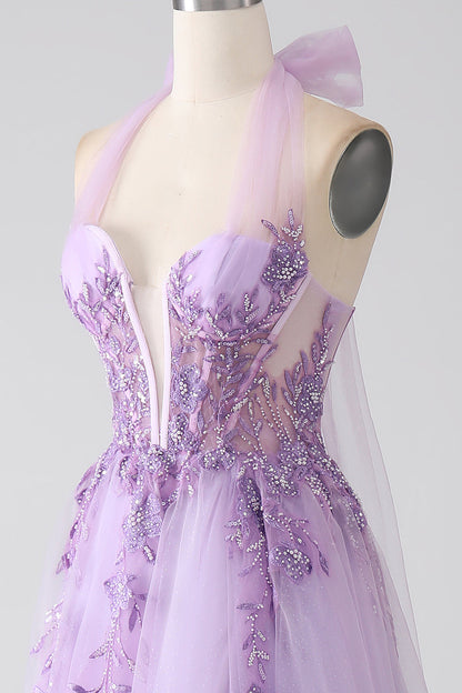 Purple A-Line Halter Neck Beaded Long Prom Dress V-neck With Slit